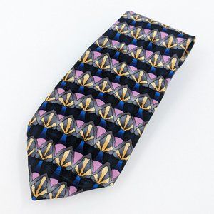J Garcia Tie Black Grey Blue Purple Abstract Striped Print 100% Silk Made In USA